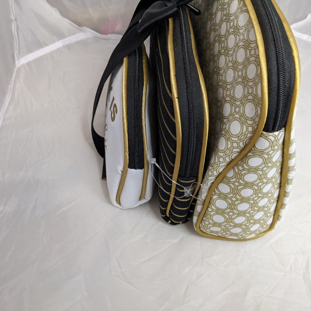 3pc Make-up bag set.  Talk is Chic- Black, White & Gold